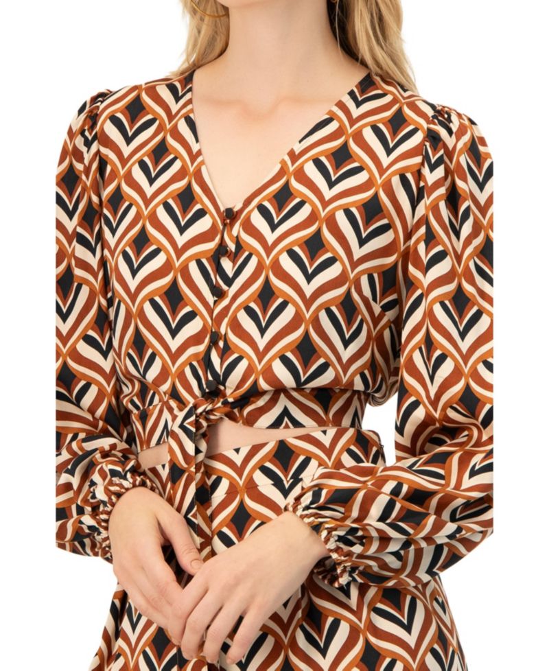 Women's V-Neck Geometric Print Blouse with Bottom Tie