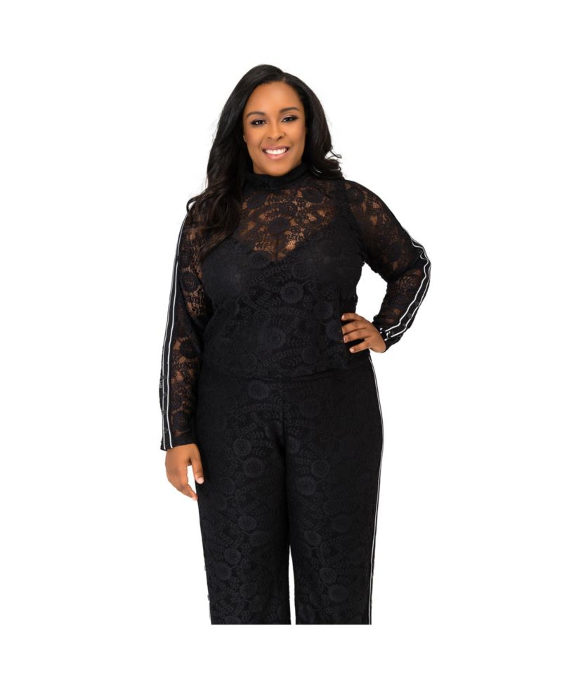 Plus Size Curvy Black Lace Stripe Snap Cuff Zip Turtleneck
