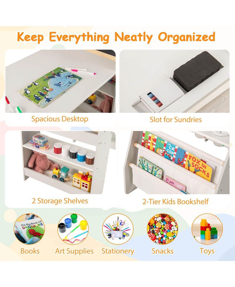 Kids Art Table and Chair Set with Easel Whiteboard Chalkboard Paper
