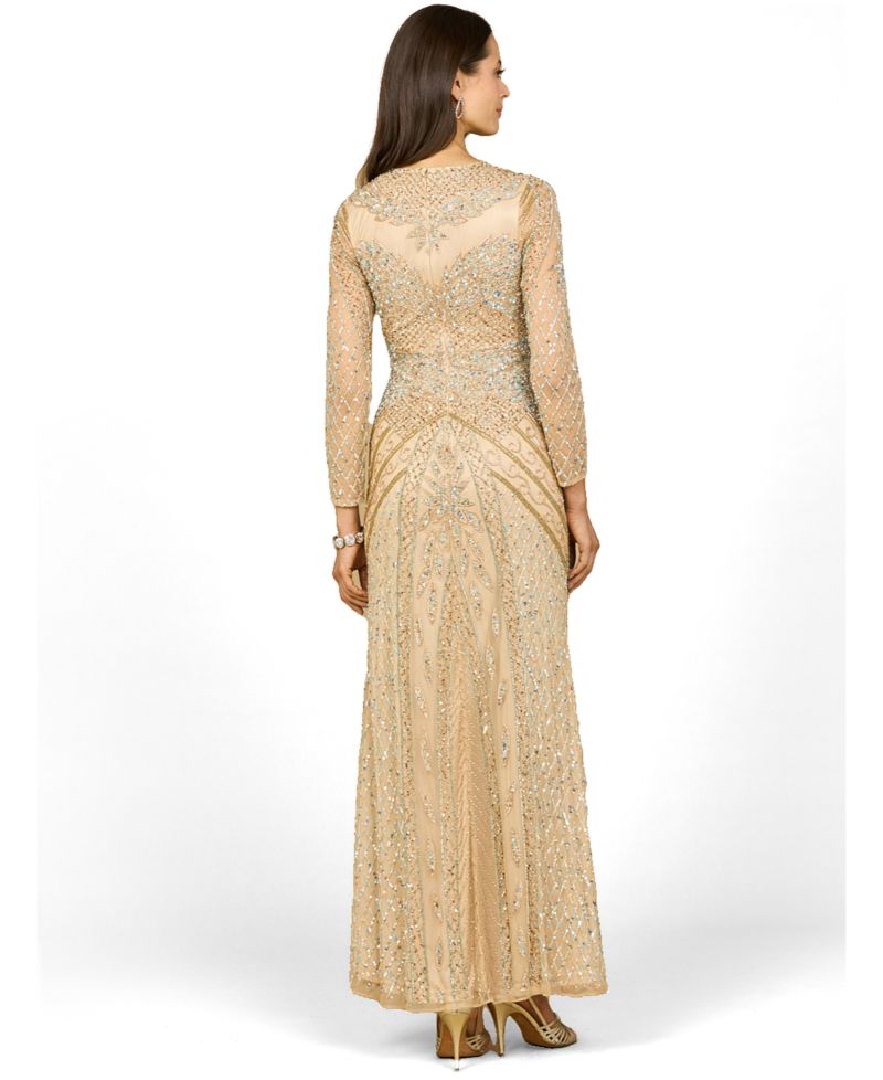 Women's Illusion Neck Long Sleeve Beaded Gown