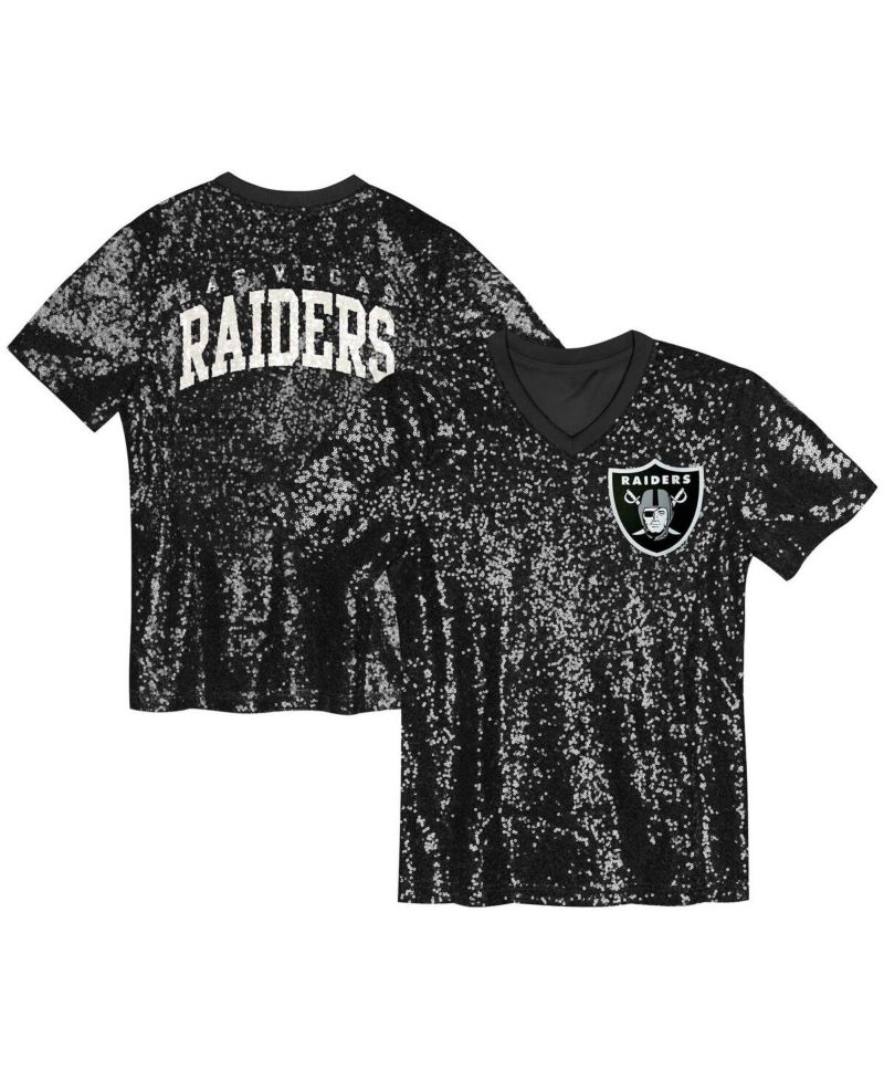 Big Girls Black Las Vegas Raider's Wordmark Sequin V-Neck Top