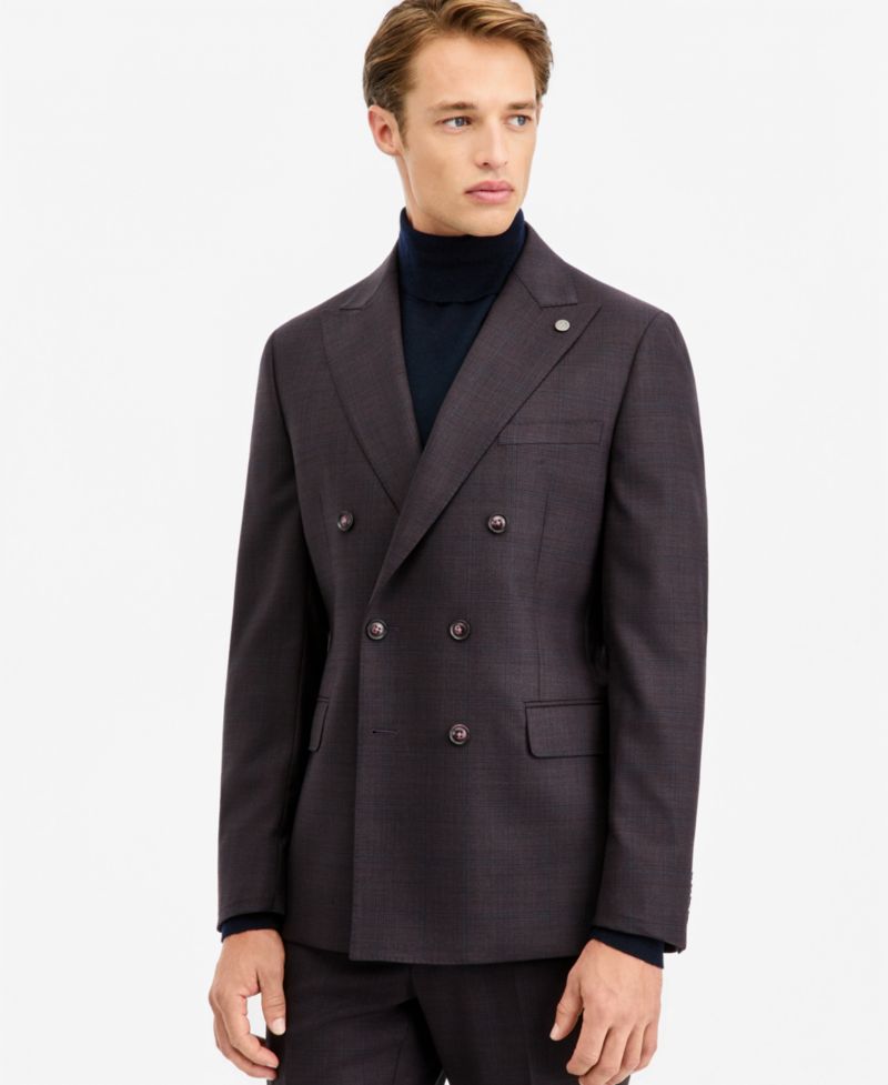 Men's Modern-Fit Burgundy Plaid Suit Separate Double-Breasted Jacket