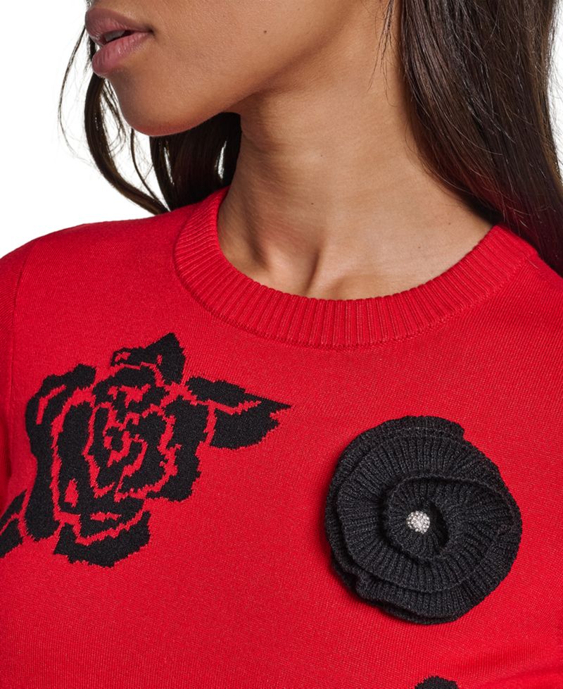 Petite All Over Rose Floral Crewneck Short-Sleeve Sweater