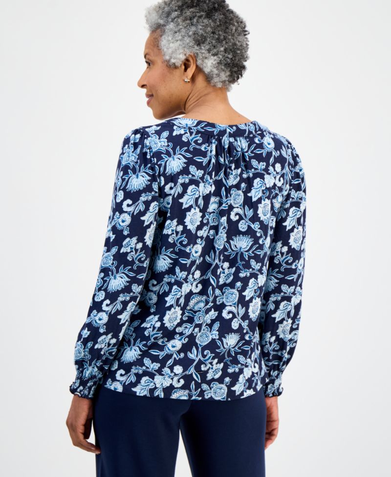Petite Fresh Paisley V-Neck Long-Sleeve Top
