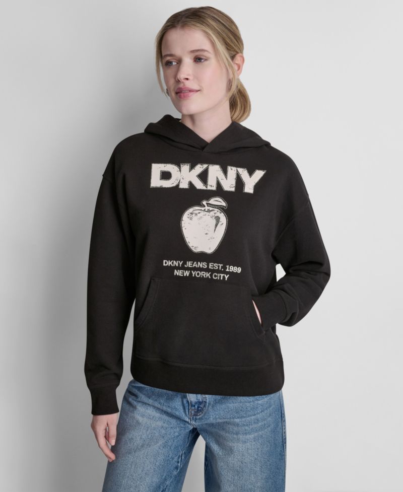 Женская толстовка с капюшоном с логотипом DKNY Big Apple Big Apple с длинным рукавом и стразами, украшенная флокированным рисунком