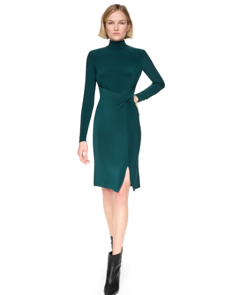 Women's Long-Sleeve Mock-Neck Knot-Front Sheath Dress