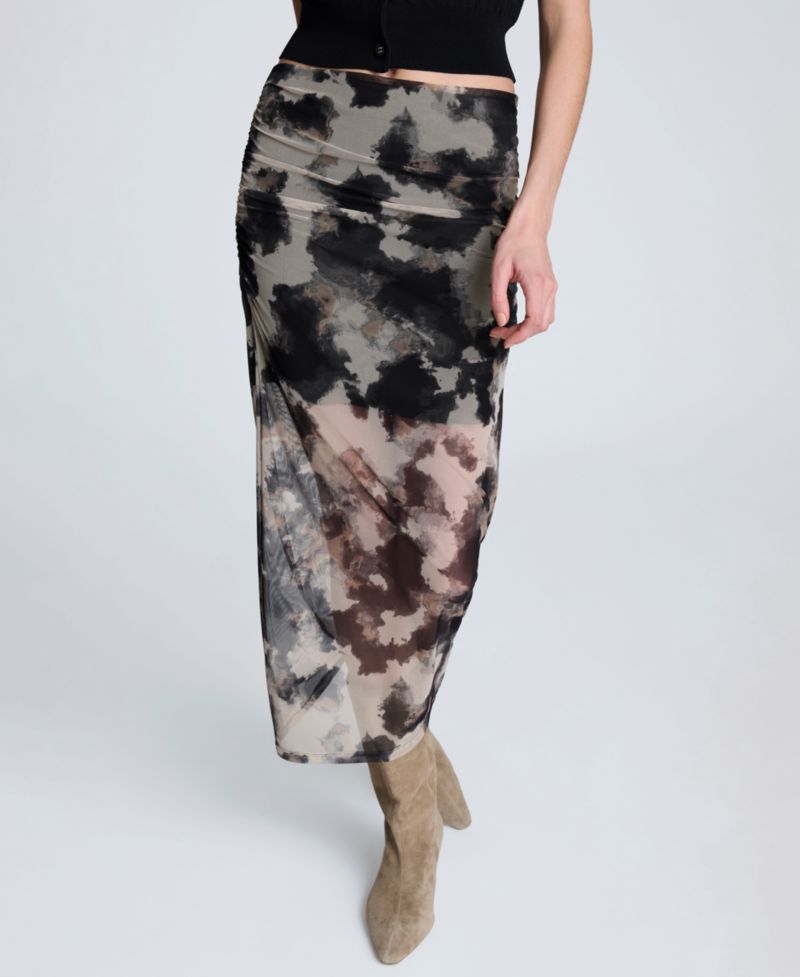 Women's Side Ruched Printed Mesh Midi Skirt