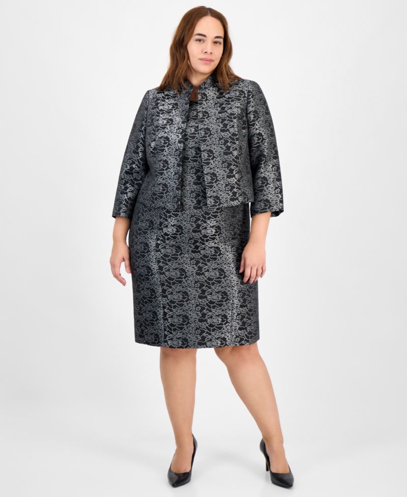Plus Size Floral Jacquard Sleeveless Sheath 2 Piece Dress Suit