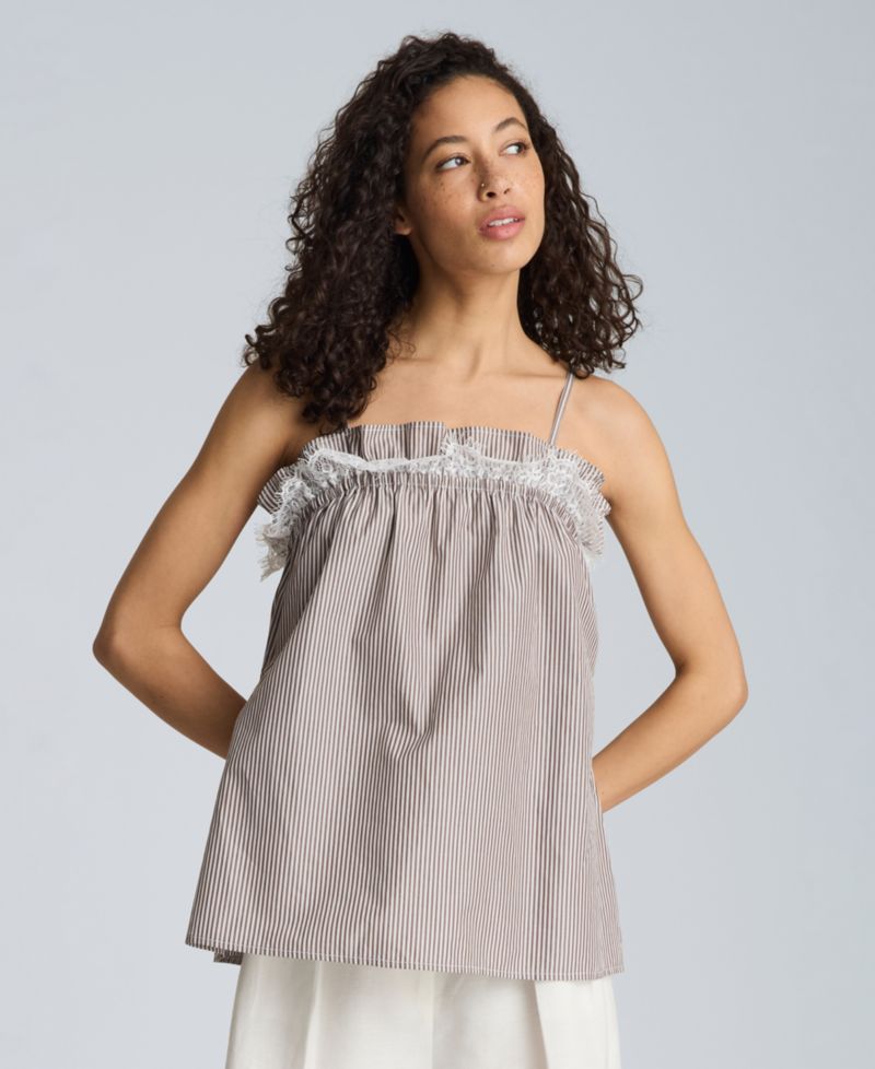 Women's Cotton Shirred Neck Lace Trim Camisole
