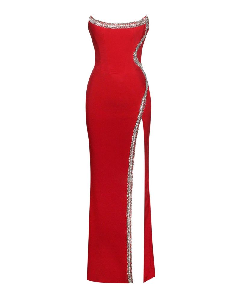 Women's Xoana Red Crystal Embellished High Slit Gown