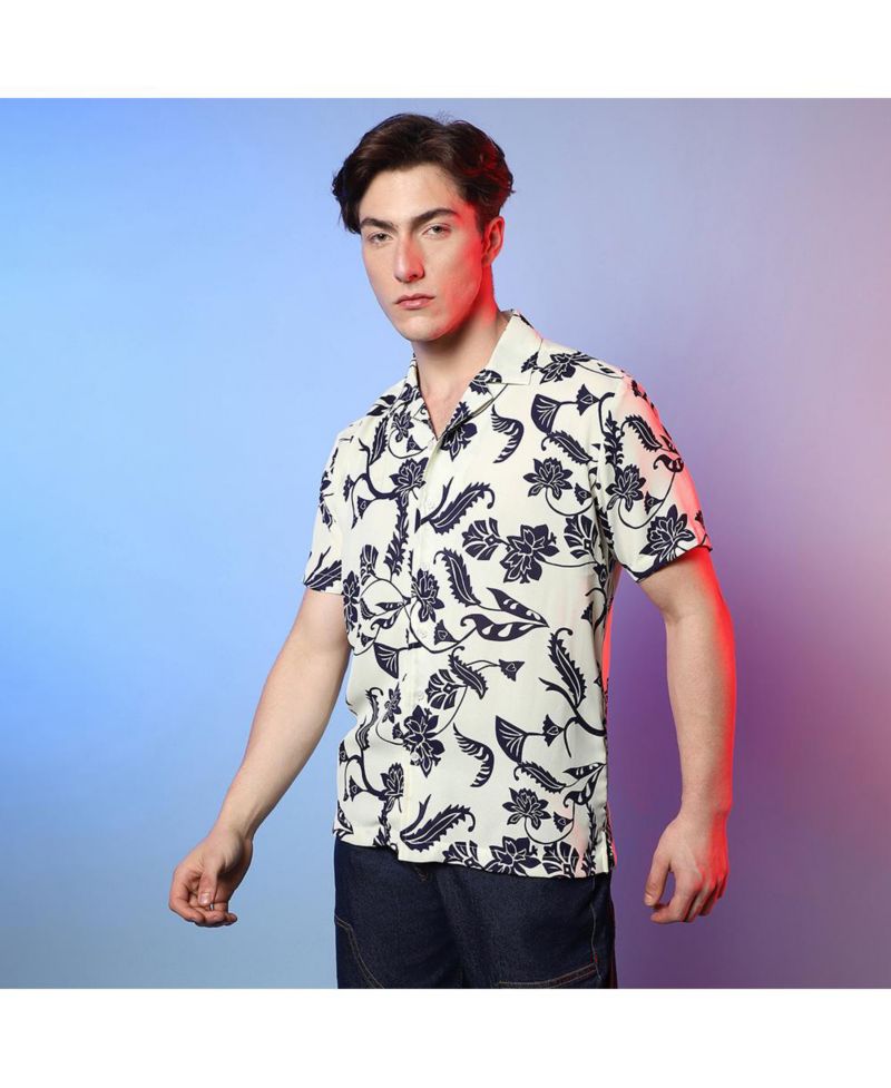 Men's Midnight Black & Ivory White Contrast Flower Shirt