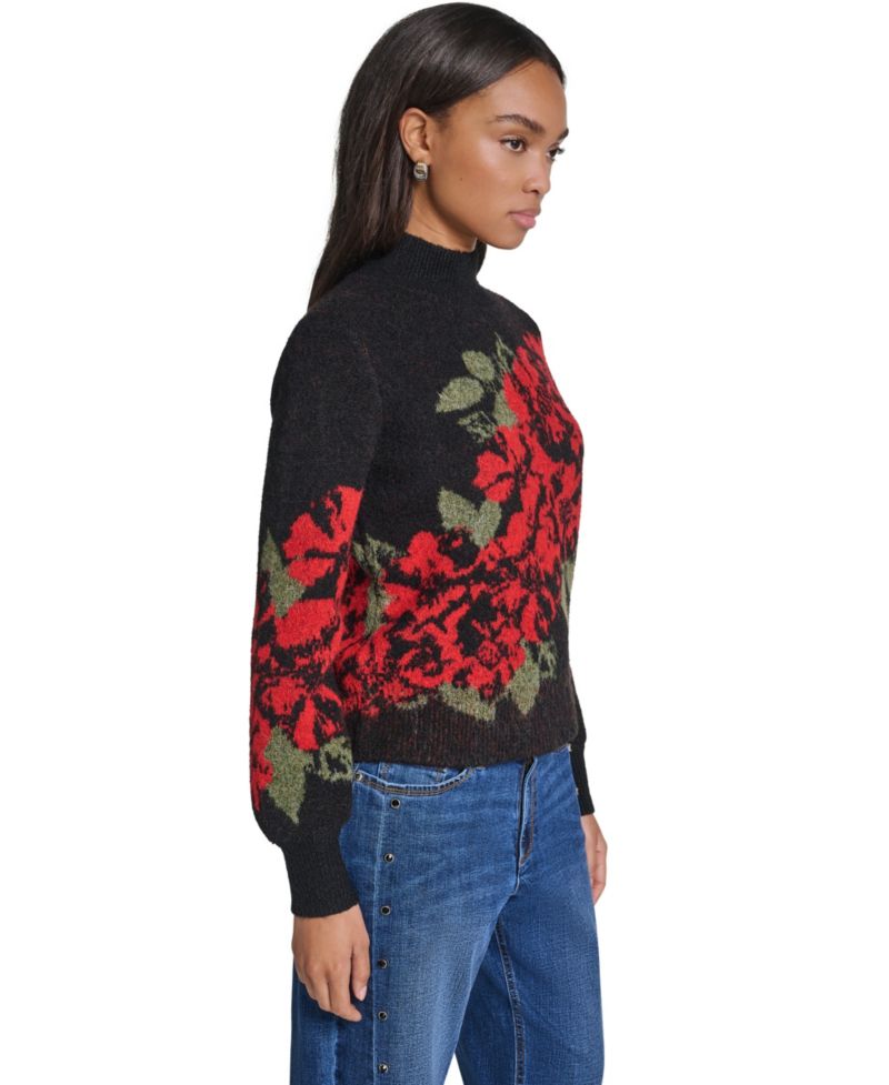 Petite Rose Floral-Print Mock Neck Sweater