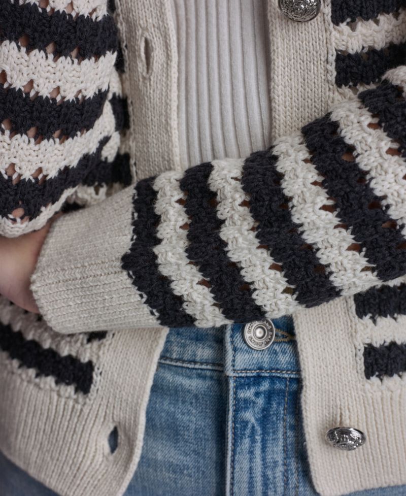 Petite Long-Sleeve Stripe Pointelle Stitch Cardigan