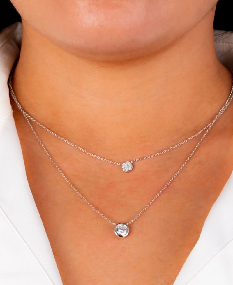 Double Layered Bezel Set 16" + 2" Cubic Zirconia Chain Necklace in Gold Over Sterling Silver