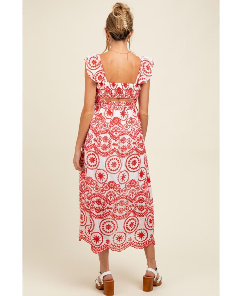 Women's Red Embroidered Smocked Cutout Midi Dress