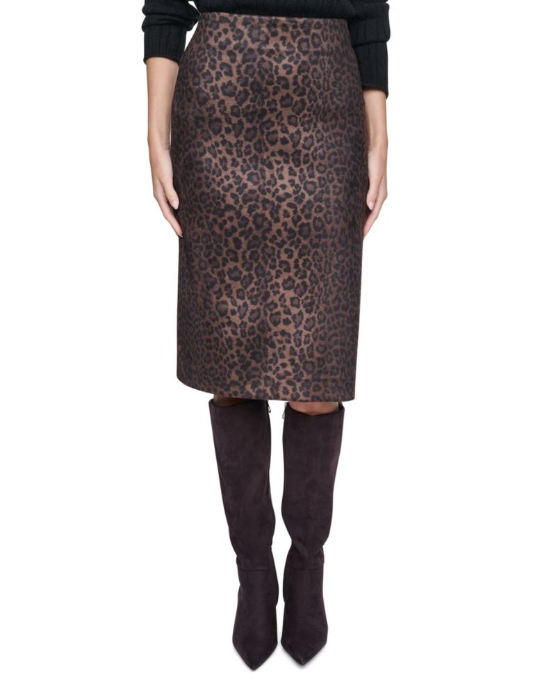 Women's High-Waisted Animal Print Pencil Faux Suede Skirt