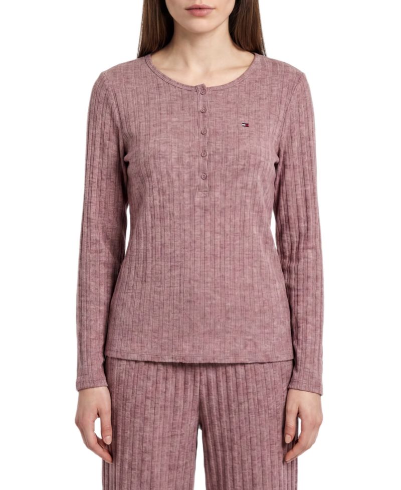 Women's Long-Sleeve Wide-Leg Cable-Jacquard Henley Top and Pant, 2-Piece Pajama Set