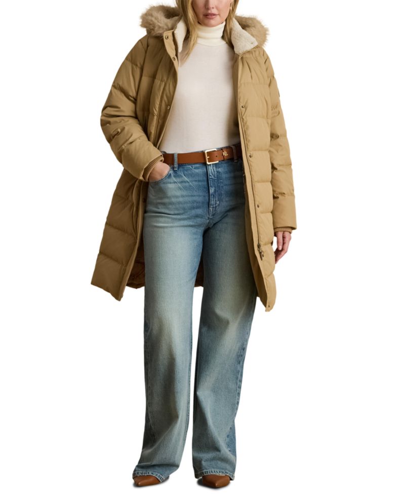 Plus Size Down Hooded Channel-Quilted Puffer Coat