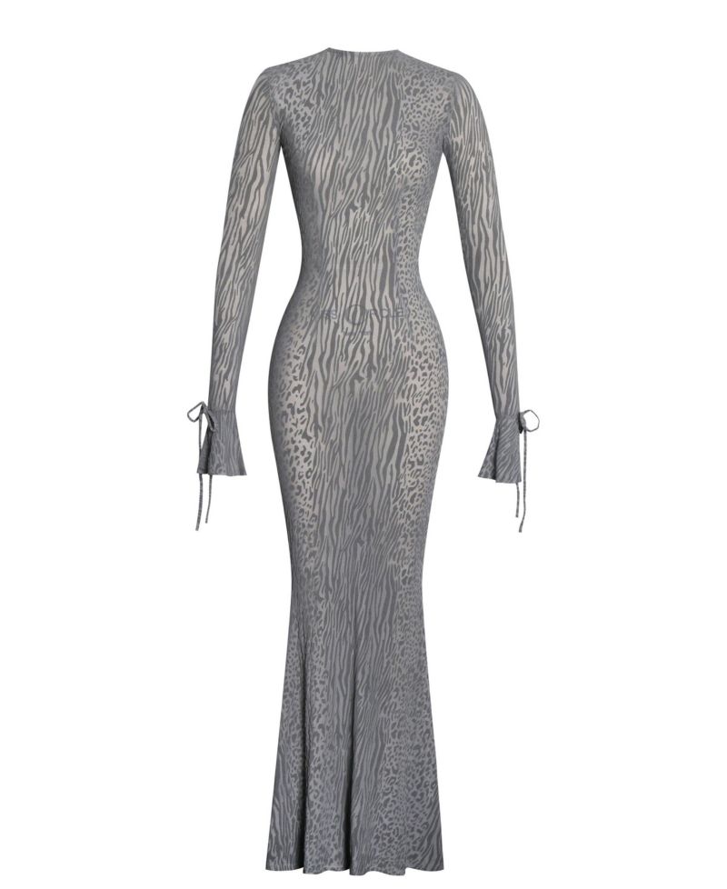 Women Waylynn Gray Animal Print Burnout Velvet Detail Mesh Backless Maxi Dress