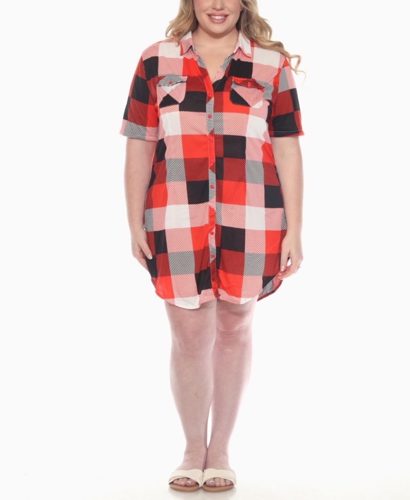 Plus Size Short Sleeve Plaid Button-Down Shirt Dress