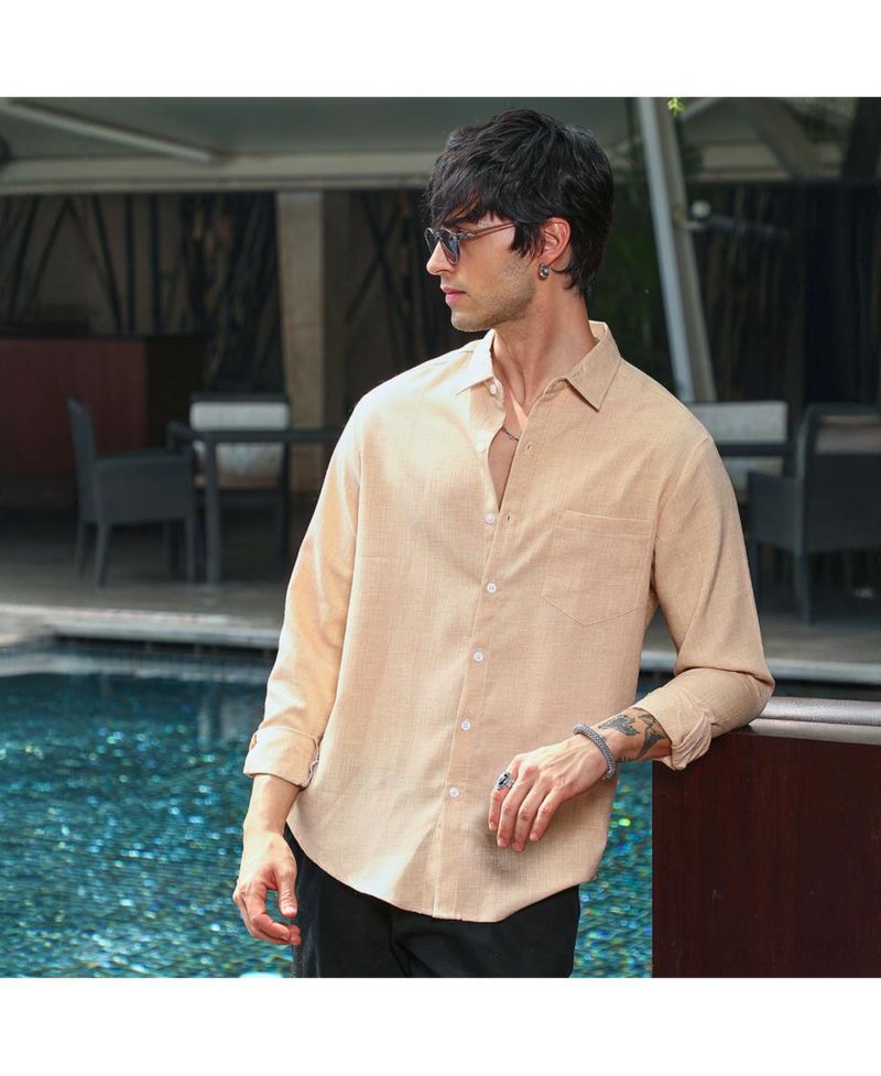 Men's Ecru Beige Solid Relaxed Shirt
