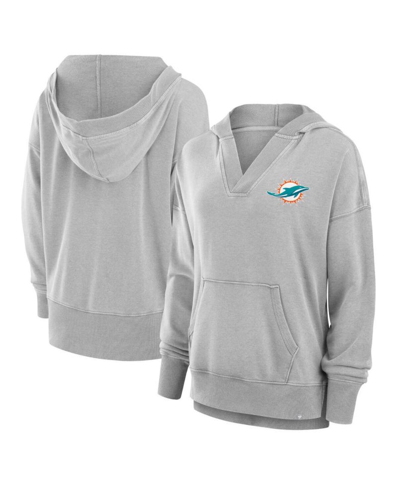 Women's Heather Gray Miami Dolphins Initiative Snow Wash French Terry V-Neck Pullover Hoodie