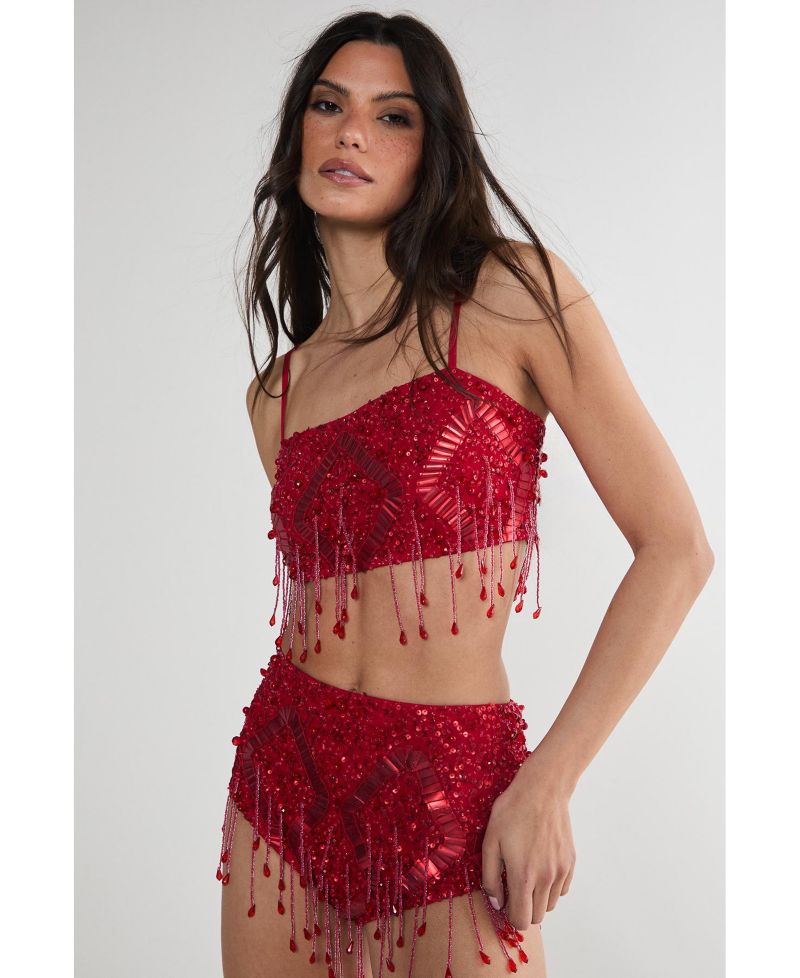 Women's Embellished Tassel Beaded Crop Top