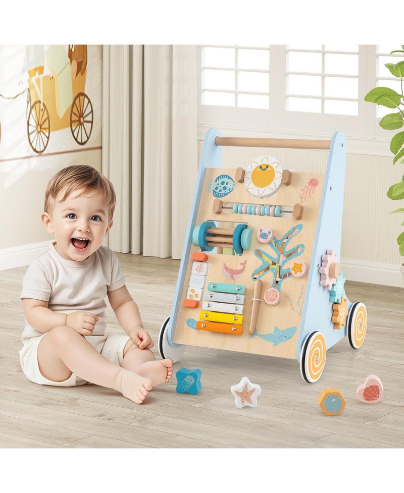 Wooden Baby Walker Sit to Stand Walker w/ Wheels Push and Pull Learning Activity Center