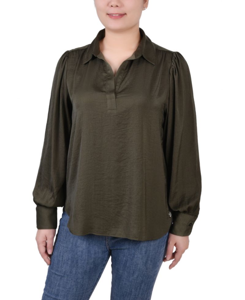 Women's Long Puff Sleeve Satin Blouse