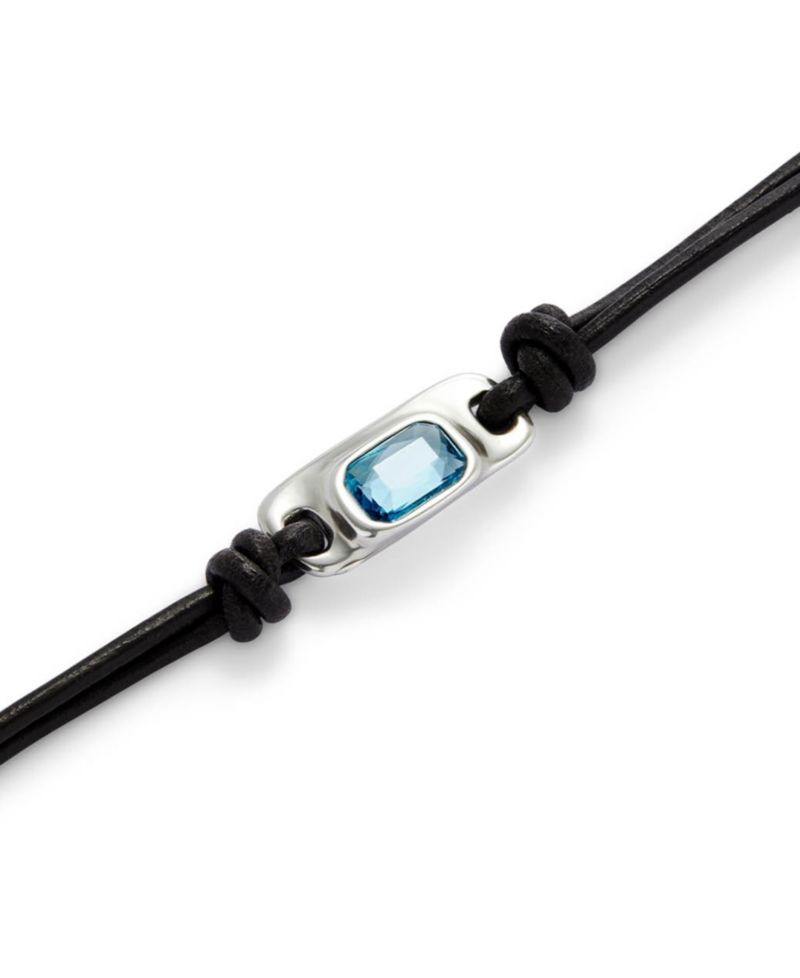 Leather and Metal Alloy Bracelet, plated in Sterling Silver, with Blue Faceted Glass