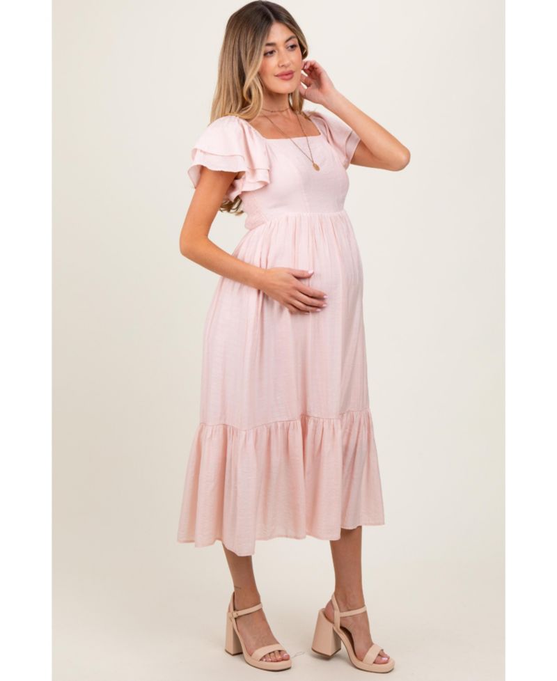 Women's Light Pink Flutter Sleeve Midi Dress