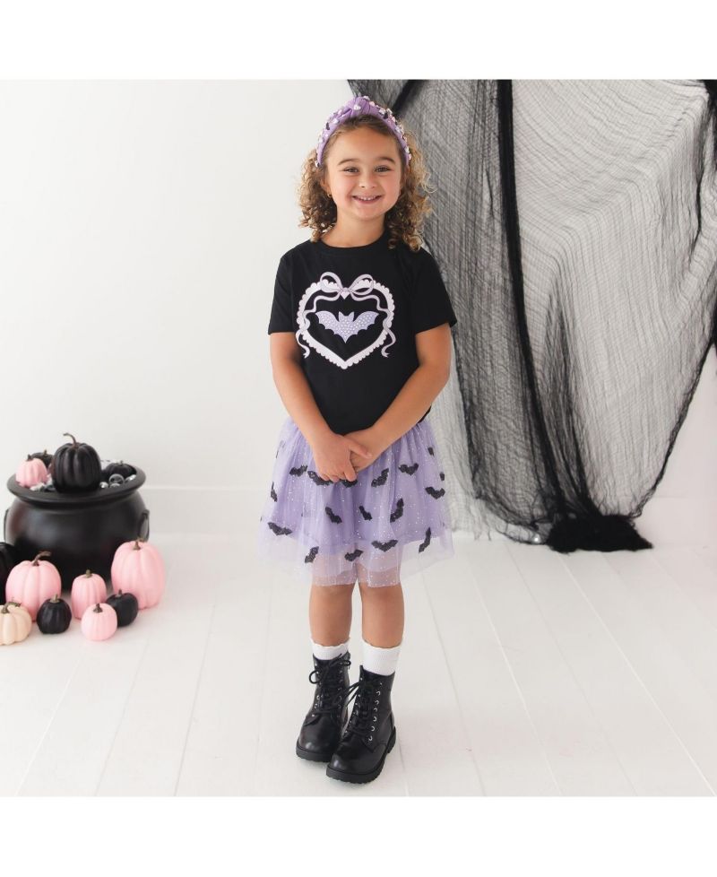 Little Girls Rhinestone Bat Patch Halloween Short Sleeve T-Shirt