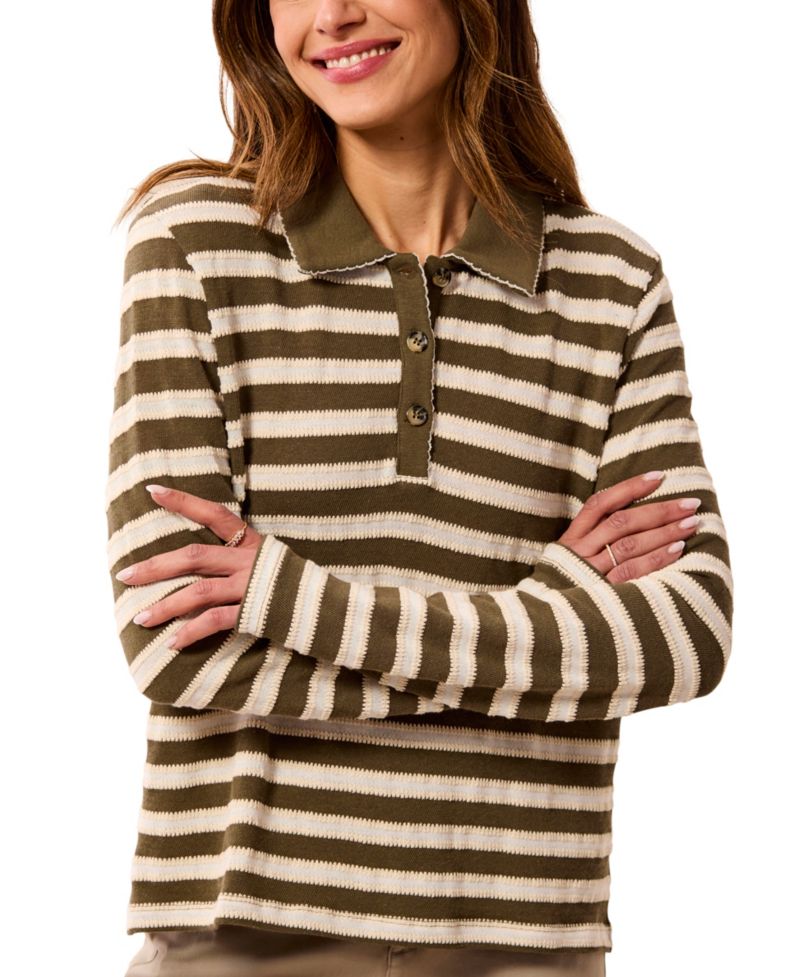 Women's Paisley Park Long-Sleeve Point-Collar Jacquard-Stripe Polo Shirt