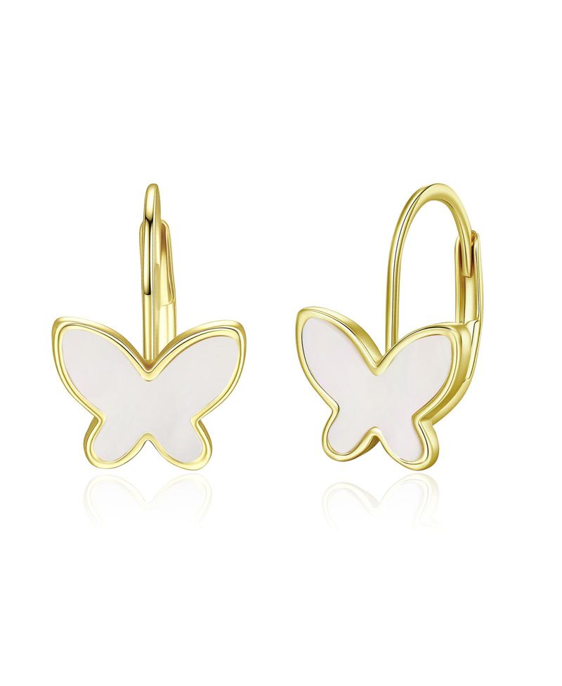 Dainty 14K Gold Plated Mother of Pearl Butterfly Dangle Drop Earrings