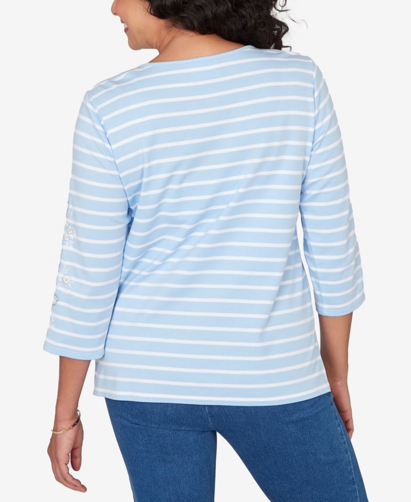 Women's Classic Stripe Cornflower Embroidered Sleeve Top with Necklace