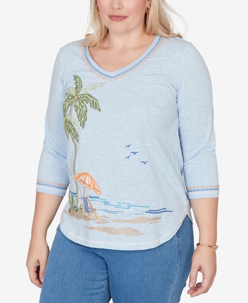 Petite Beachcomber Scenic Palm Tree Embroidered Top