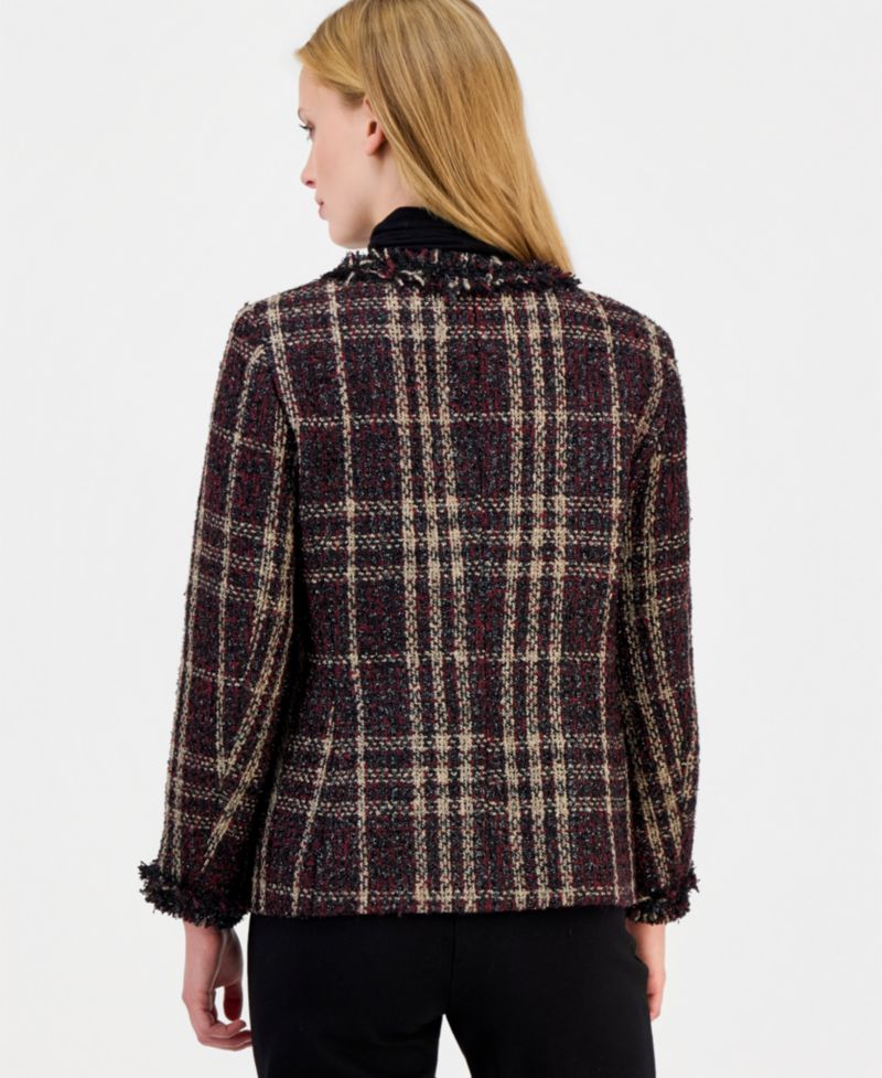 Petite Fringe-Trim Plaid Shawl-Collar Jacket