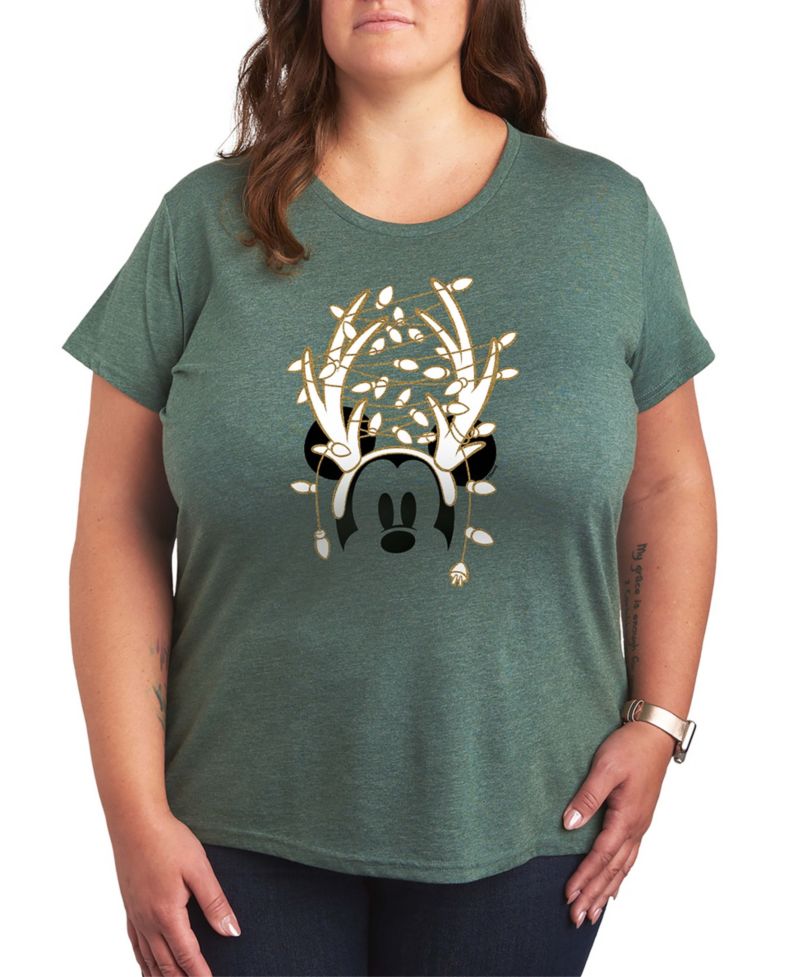 Disney Mickey Mouse Antlers ans Christmas Lights Women's Short Sleeve Graphic T-shirts