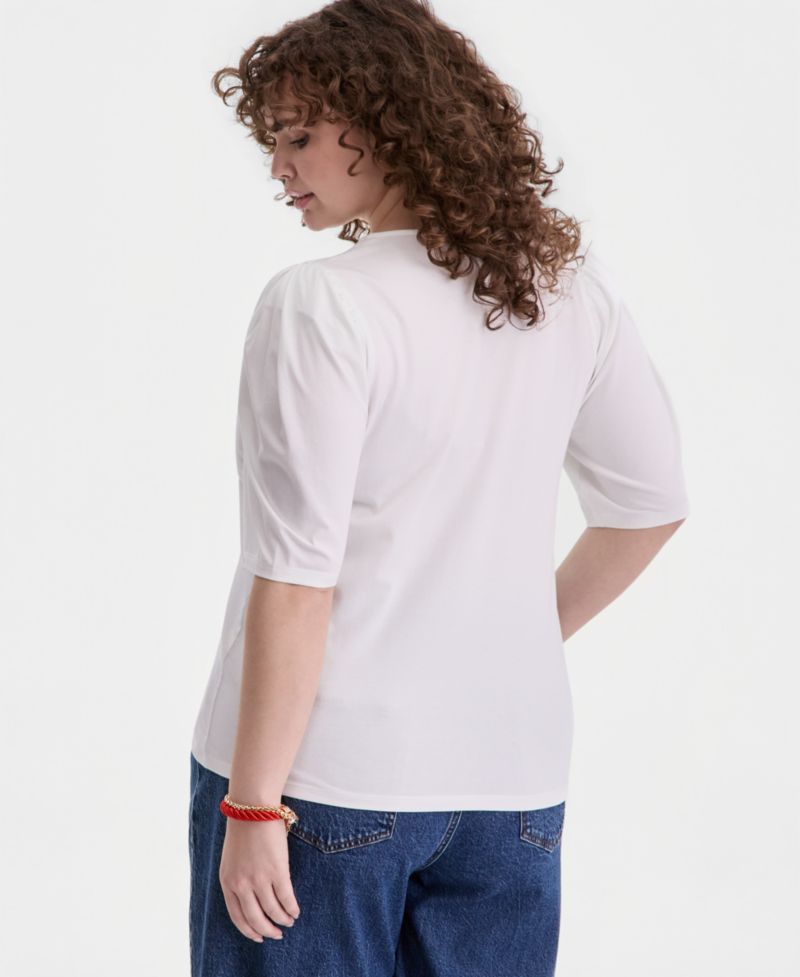 Trendy Plus Printed Ruched Puff-Sleeve Crewneck Top