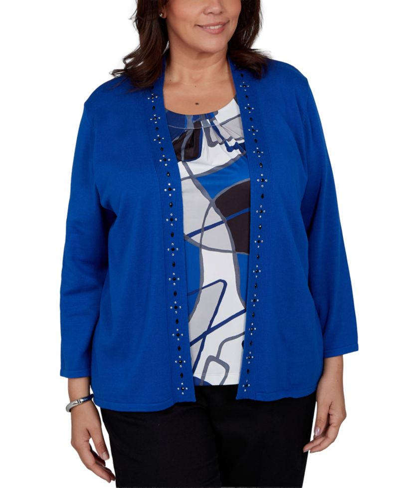 Plus Size Shawl Collar 3/4-Sleeve Embellished Cardigan Sweater