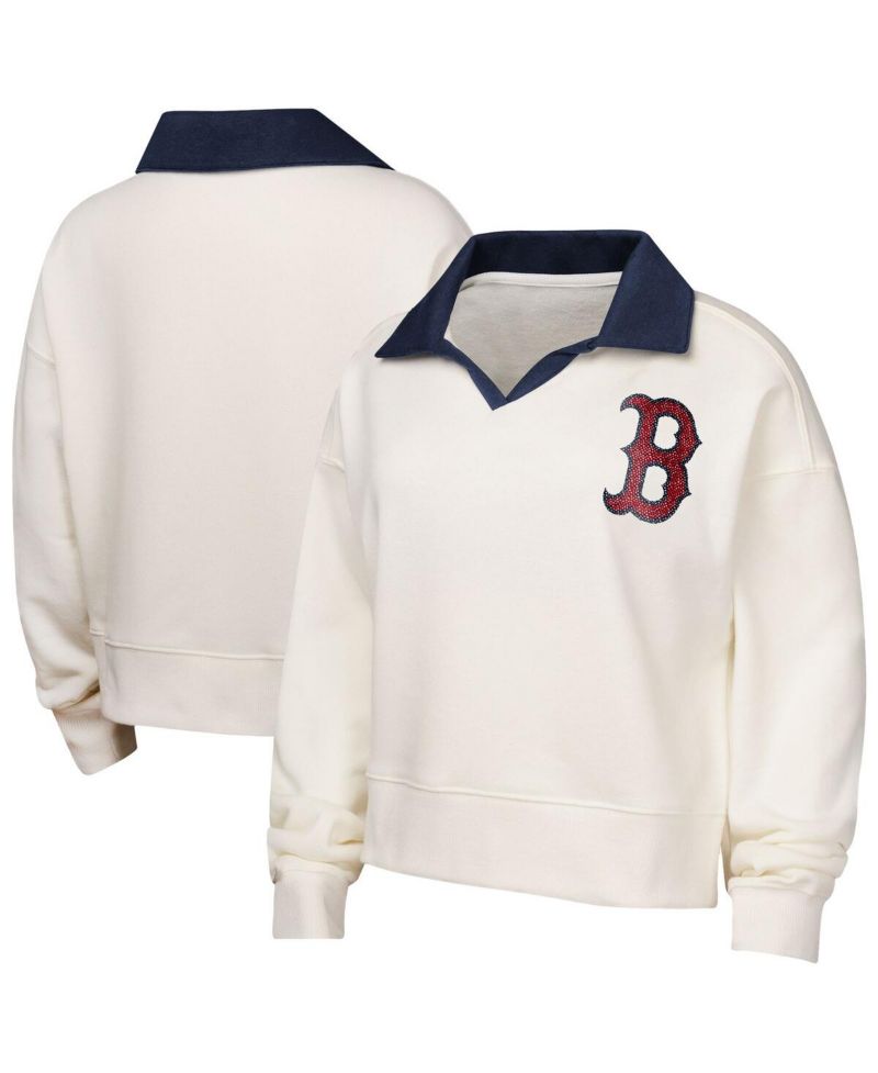 Big Girls White Boston Red Sox Ballpark Hit Collared V-Neck Pullover Sweatshirt