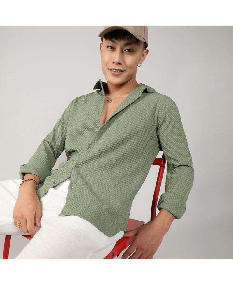 Men's Pistachio Green Textured Micro Buffalo Check Shirt