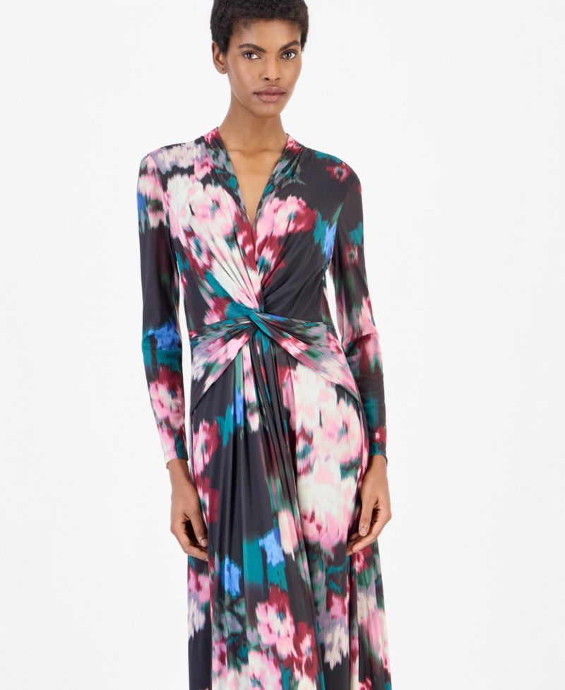 Plus Twist Front Maxi Floral Long-Sleeve A-Line Dress