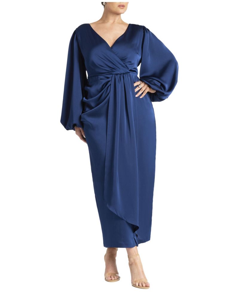 Women's Pleated Satin Puff-Sleeve Maxi Dress