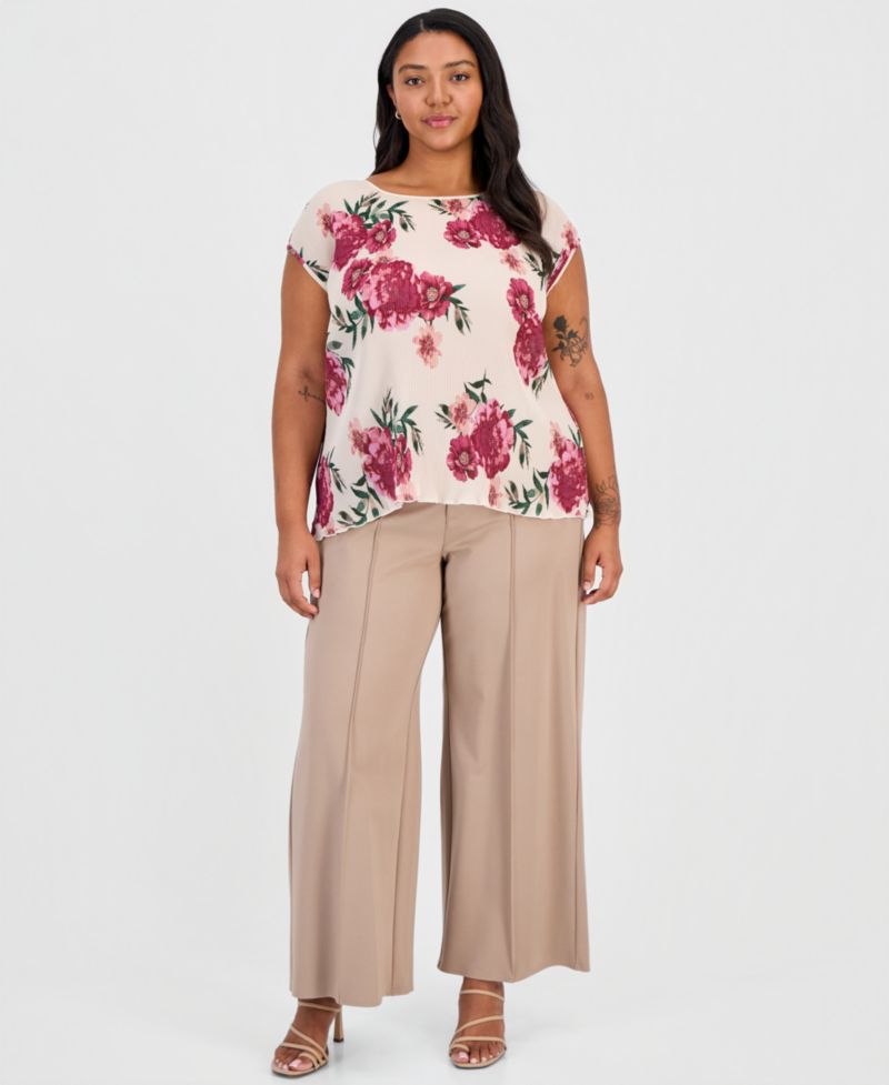 ASL Plus Size Pliss&eacute; Floral-Print Top