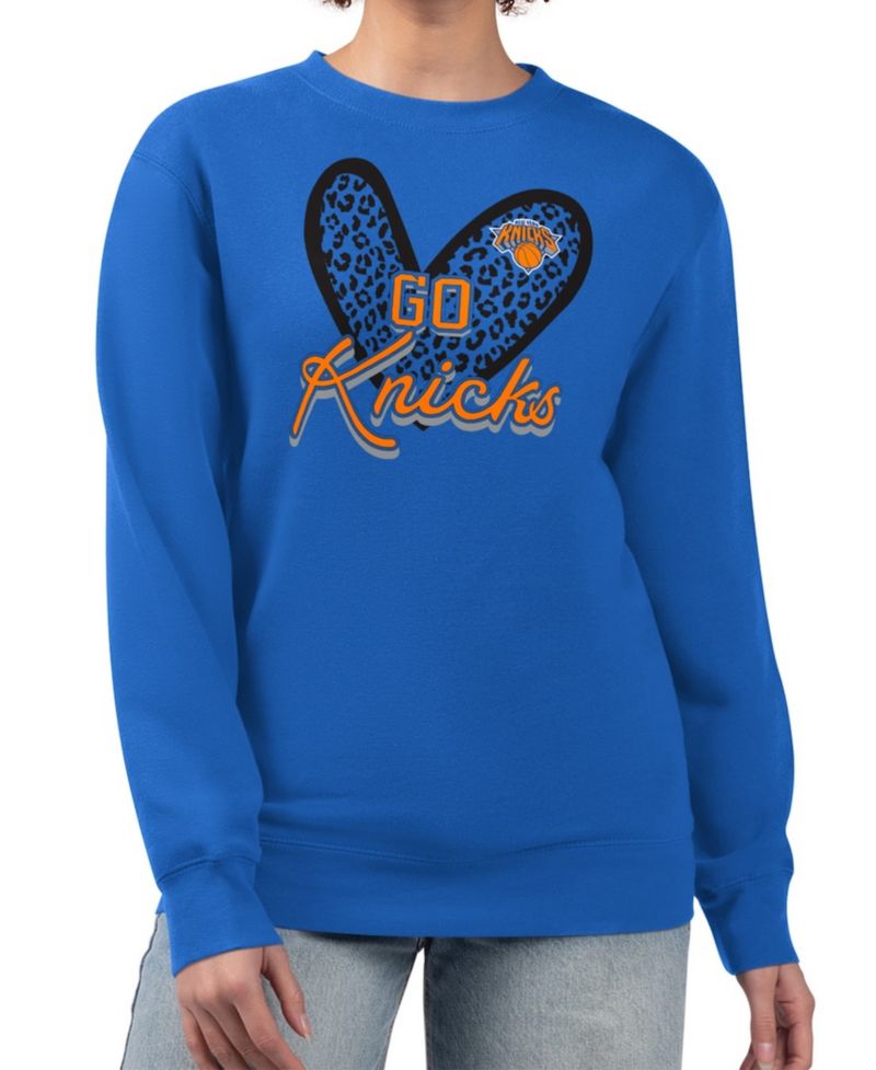 Women's Royal New York Knicks Leopard Heart Fleece Pullover Sweatshirt