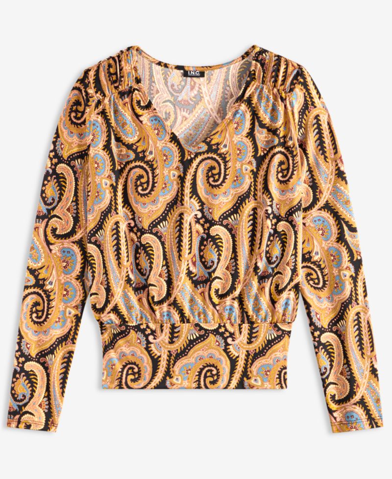 Petite Long-Sleeve V-Neck Paisley Blouse