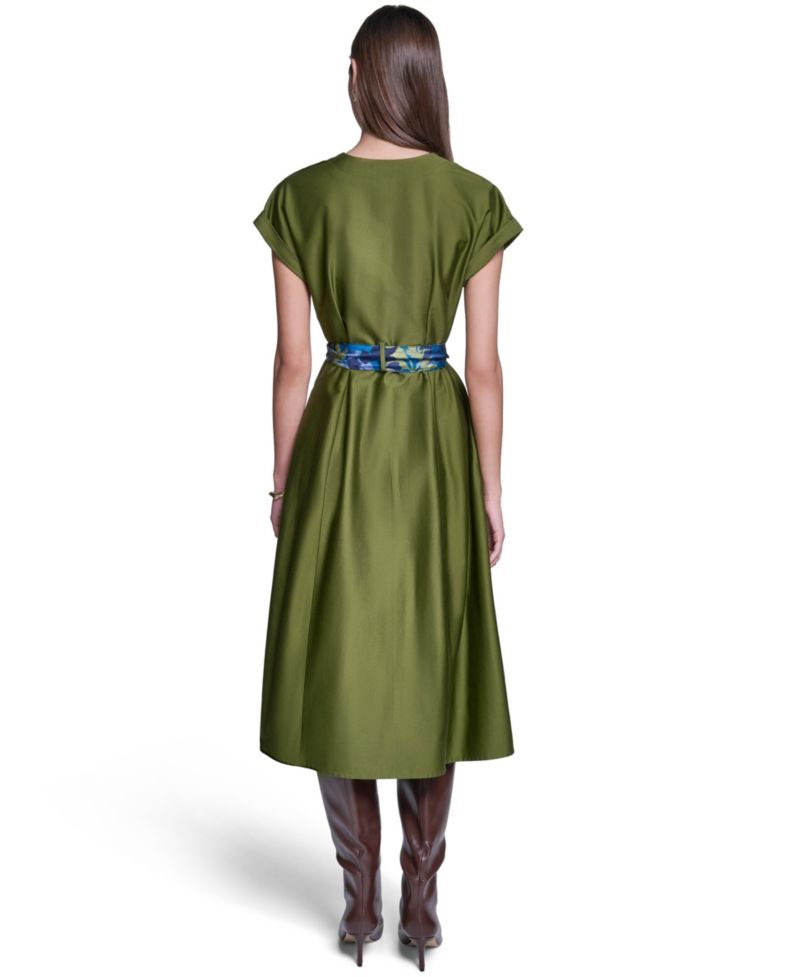 Women's Scarf-Belt V-Neck A-Line Midi Shirt Dress