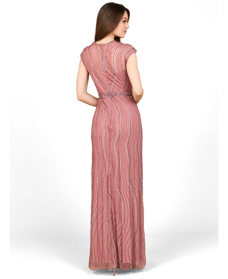 Women's Cap Sleeve, Illusion Neck Beaded Gown