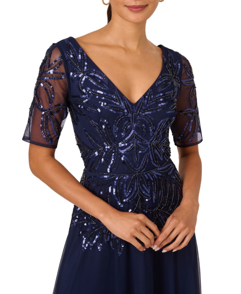 Women's Embellished Mesh V-Neck Gown